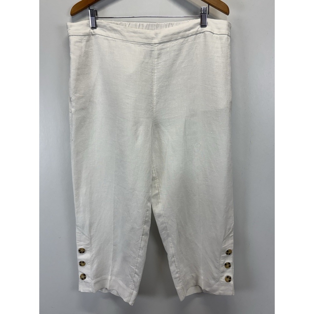 Chicos Linen Pull On Crop Pants Sz 3 US X-Large White Beach Buttons Comfort